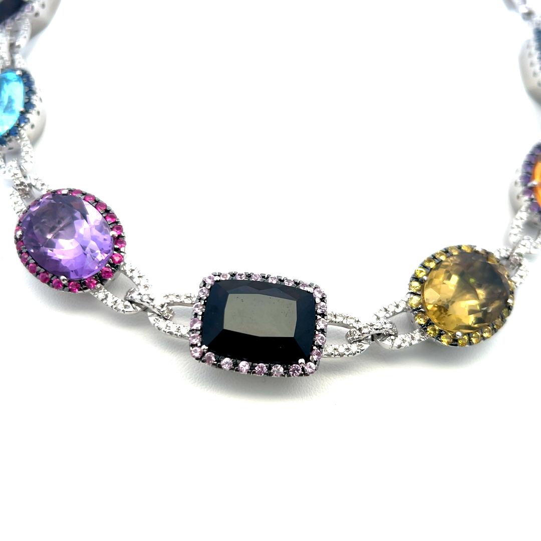 3.10 Ct Diamonds 18K White Gold Collar Necklace Quartz Blue Topaz Amethyst