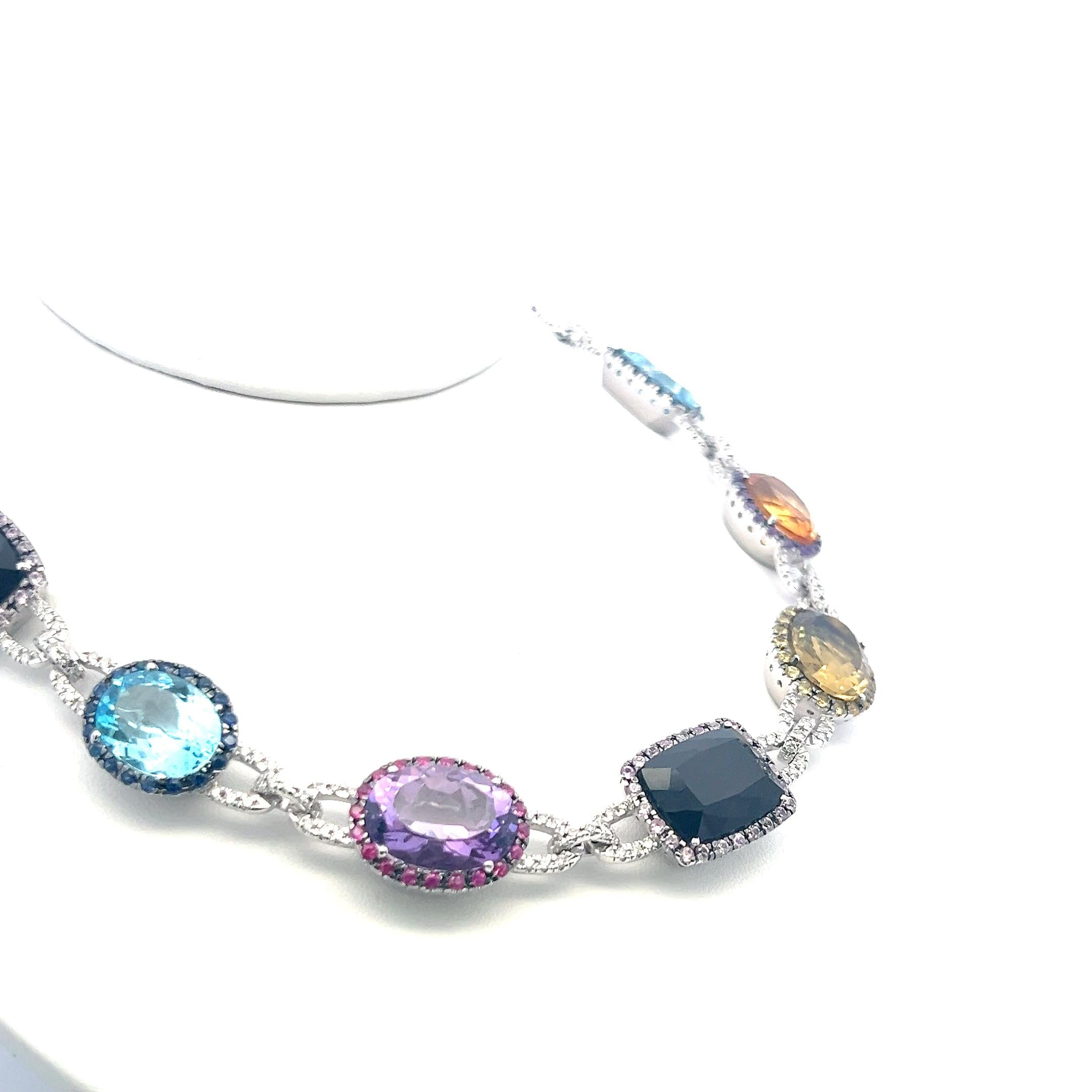 3.10 Ct Diamonds 18K White Gold Collar Necklace Quartz Blue Topaz Amethyst