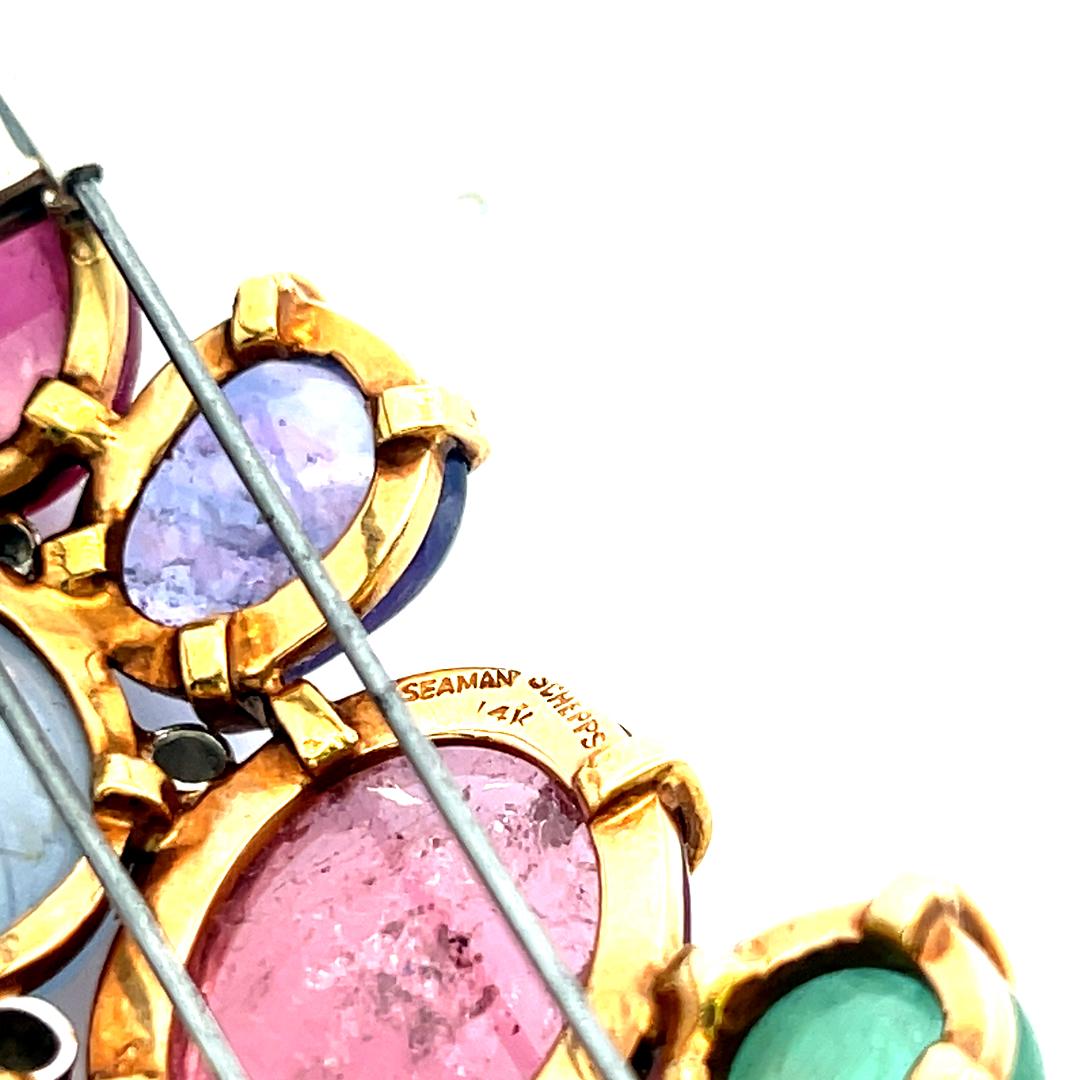 Seaman Schepps 18K YG Pin Brooch with 0.45 Ct Round F VS Diamonds and Multi-Gems