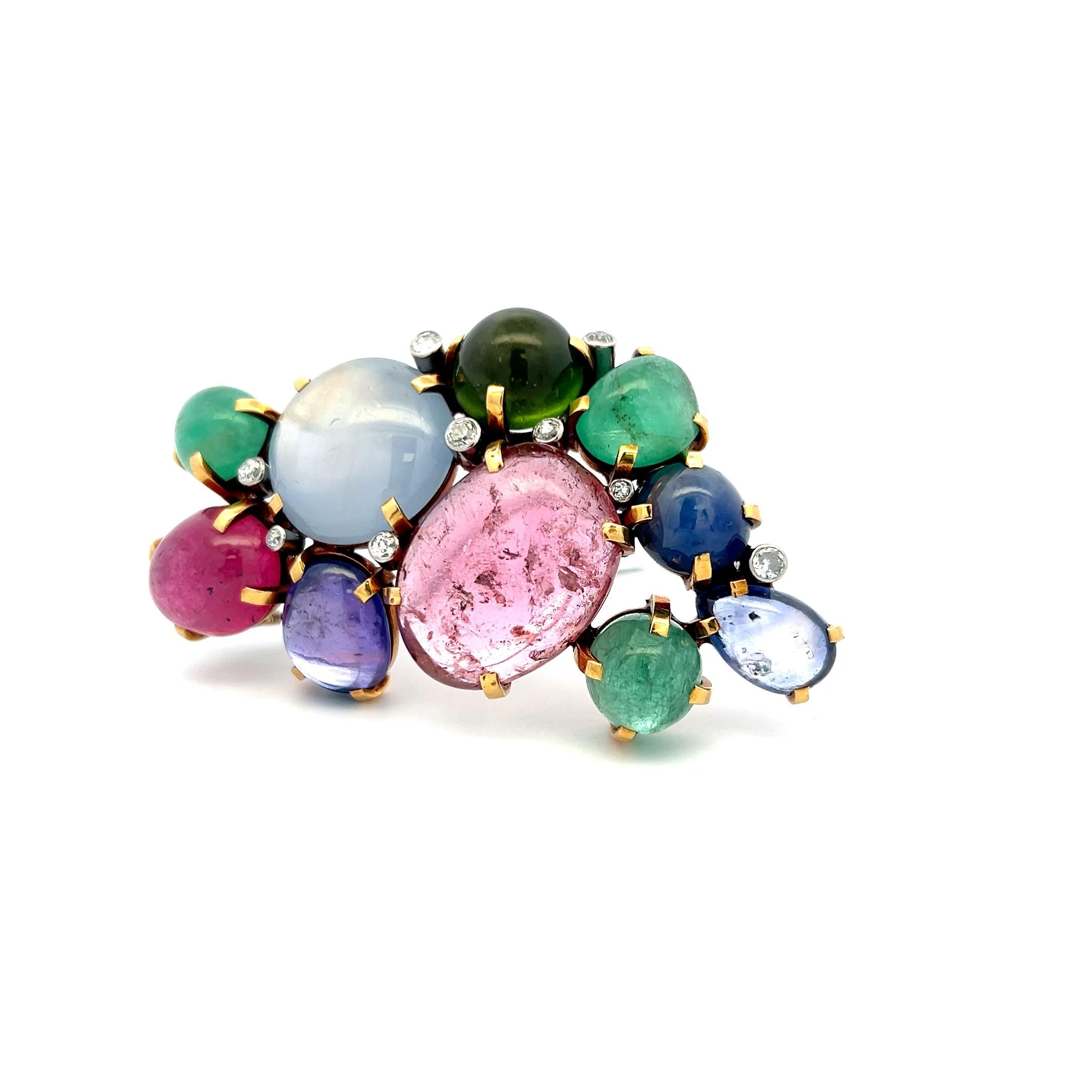 Seaman Schepps 18K YG Pin Brooch with 0.45 Ct Round F VS Diamonds and Multi-Gems