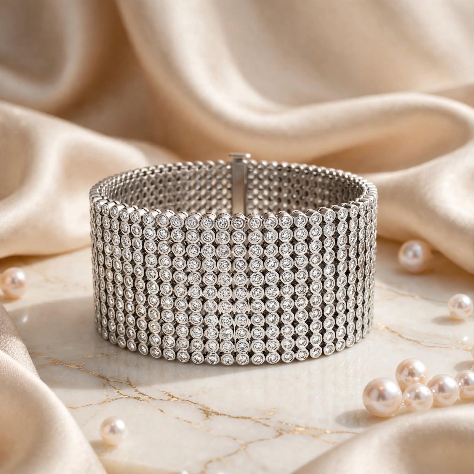 Vintage 18K White Gold Link Bracelet with 23.4 Carat Round F VS Diamonds
