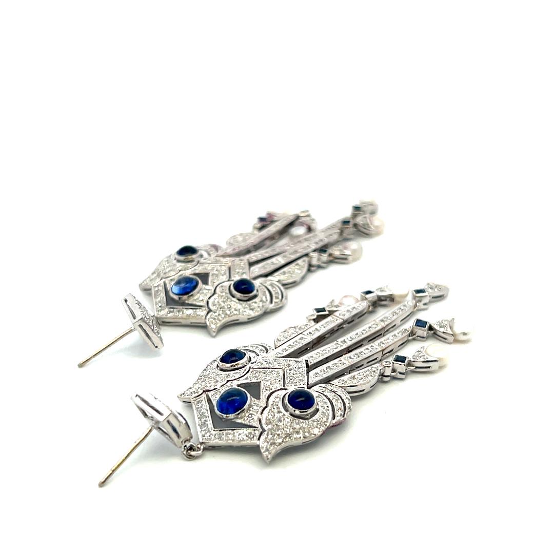 18K White Gold Dangling Earrings with 4.7 Carat Round Diamonds Sapphires & Pearl