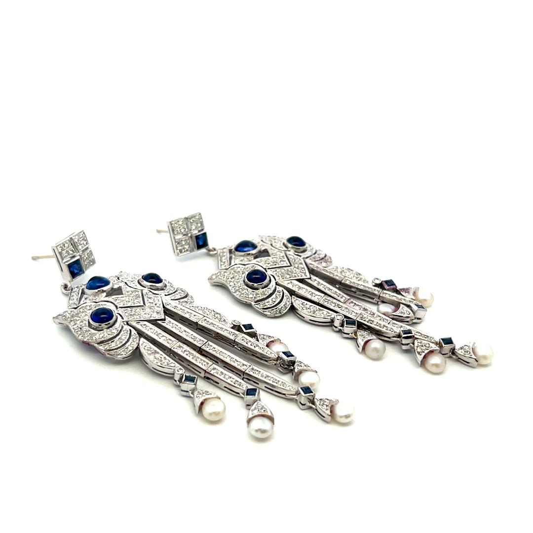 18K White Gold Dangling Earrings with 4.7 Carat Round Diamonds Sapphires & Pearl