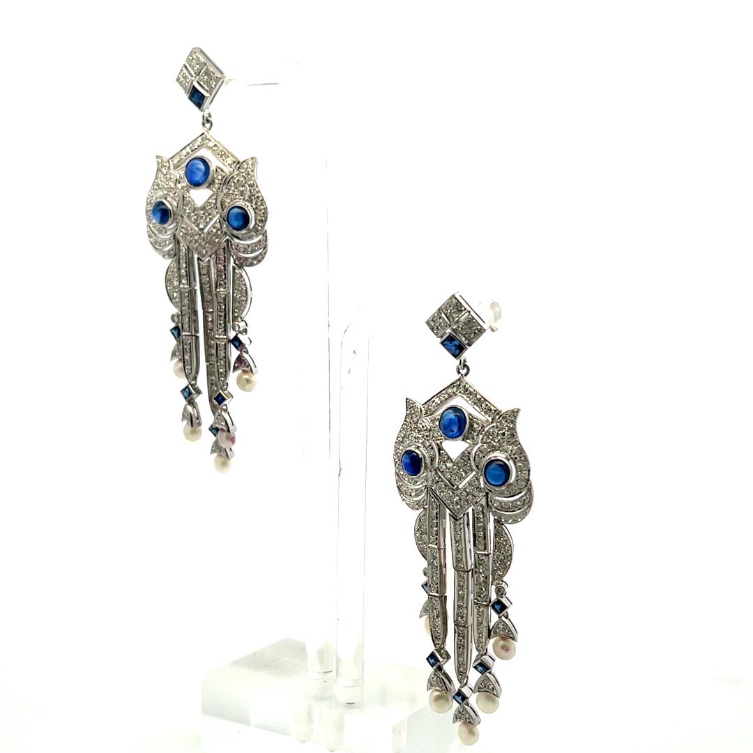 18K White Gold Dangling Earrings with 4.7 Carat Round Diamonds Sapphires & Pearl