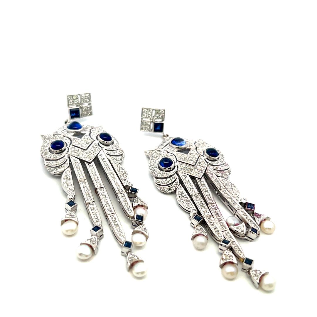 18K White Gold Dangling Earrings with 4.7 Carat Round Diamonds Sapphires & Pearl