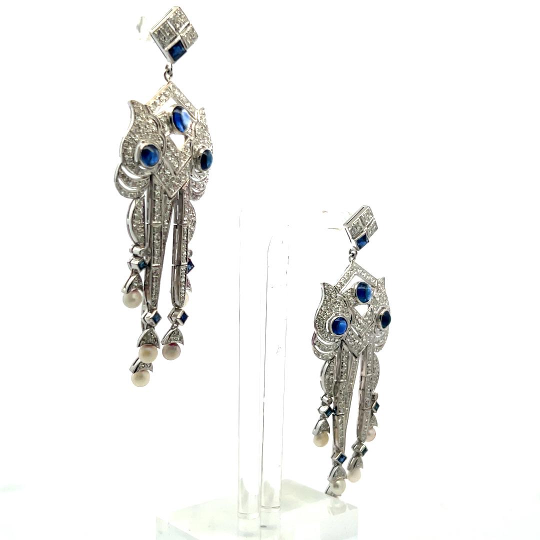 18K White Gold Dangling Earrings with 4.7 Carat Round Diamonds Sapphires & Pearl
