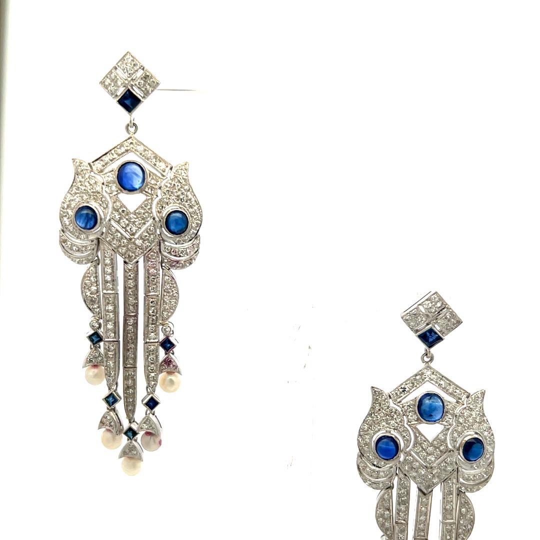 18K White Gold Dangling Earrings with 4.7 Carat Round Diamonds Sapphires & Pearl