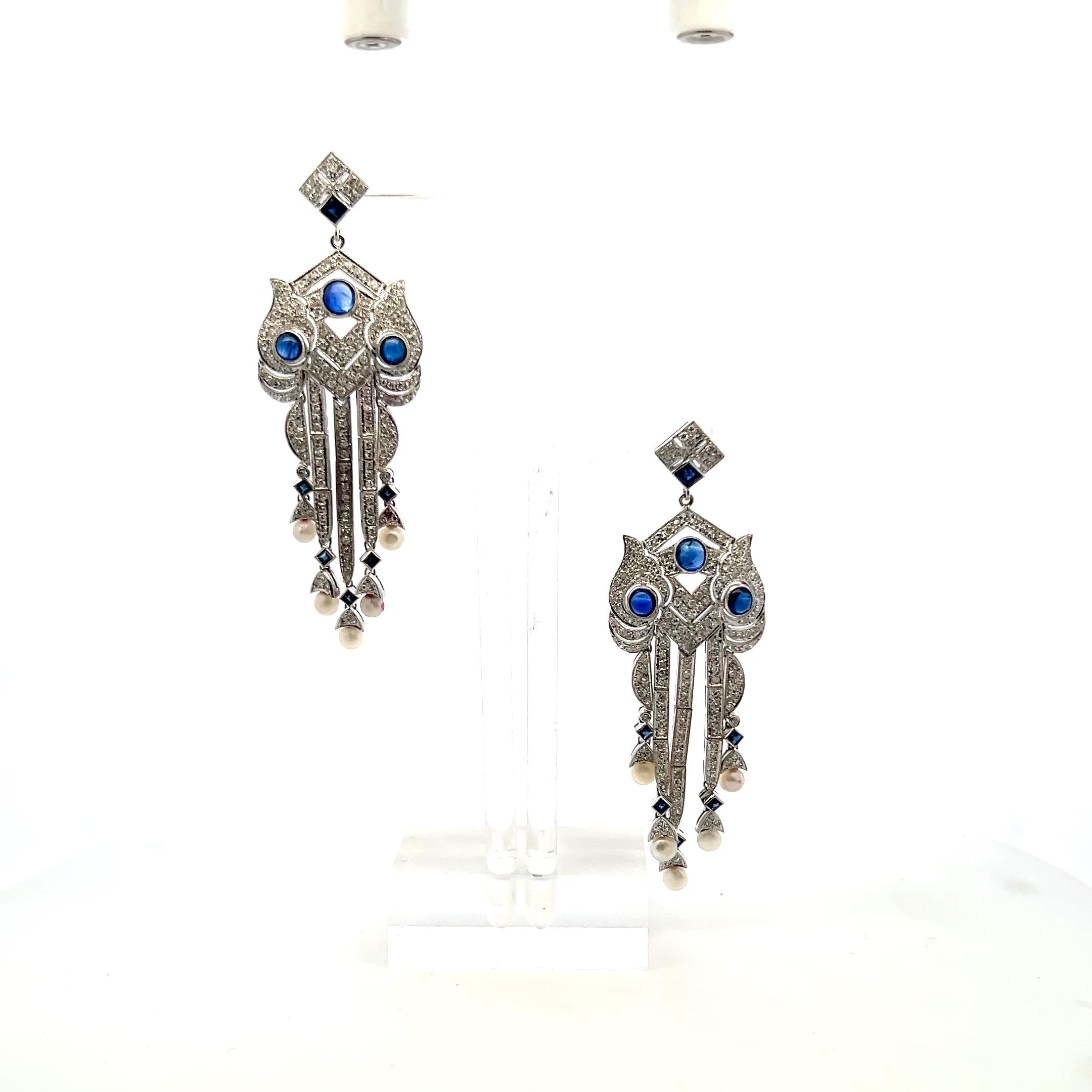 18K White Gold Dangling Earrings with 4.7 Carat Round Diamonds Sapphires & Pearl