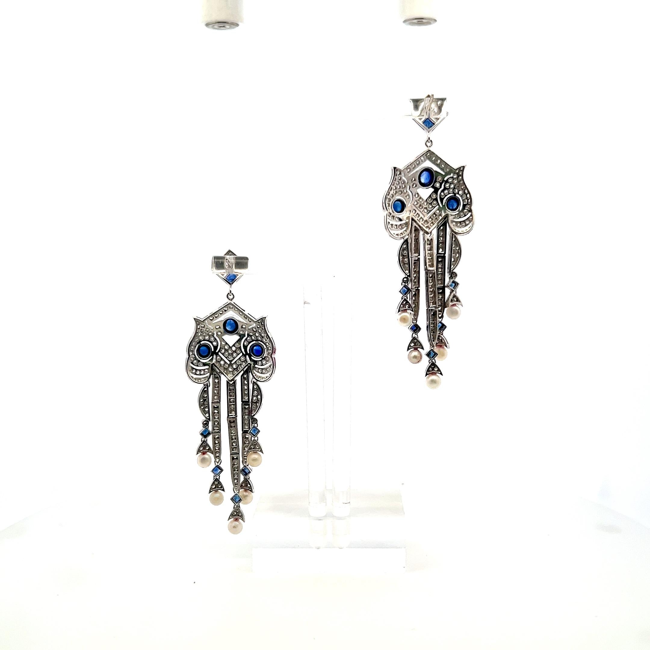 18K White Gold Dangling Earrings with 4.7 Carat Round Diamonds Sapphires & Pearl