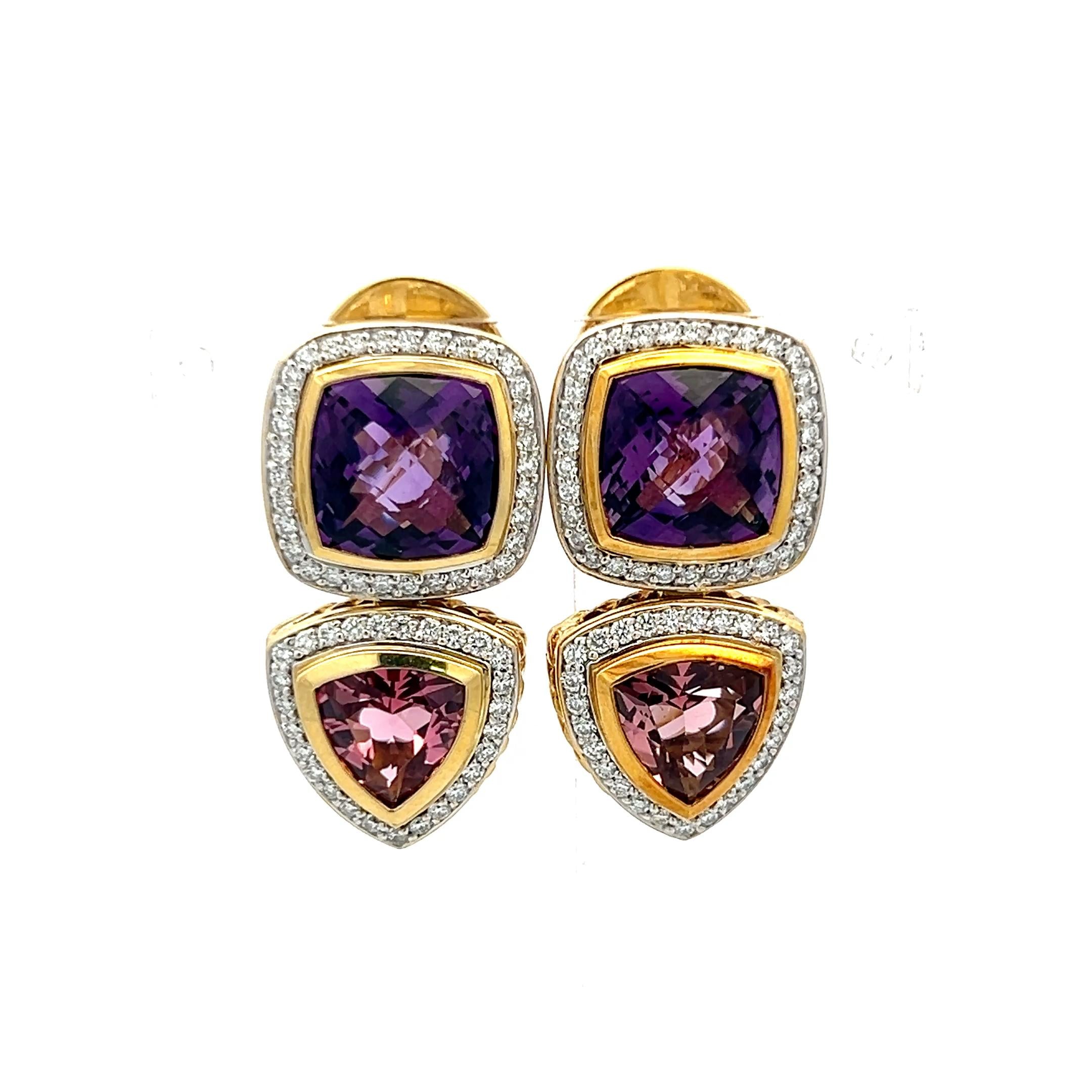 David Yurman 18K YG Drop Earrings 1.2ct Diamond 16.5ct Amethyst 4.3ct Tourmaline