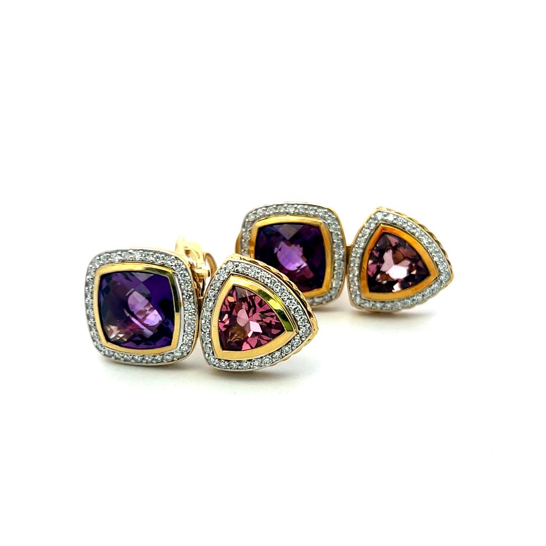 David Yurman 18K YG Drop Earrings 1.2ct Diamond 16.5ct Amethyst 4.3ct Tourmaline