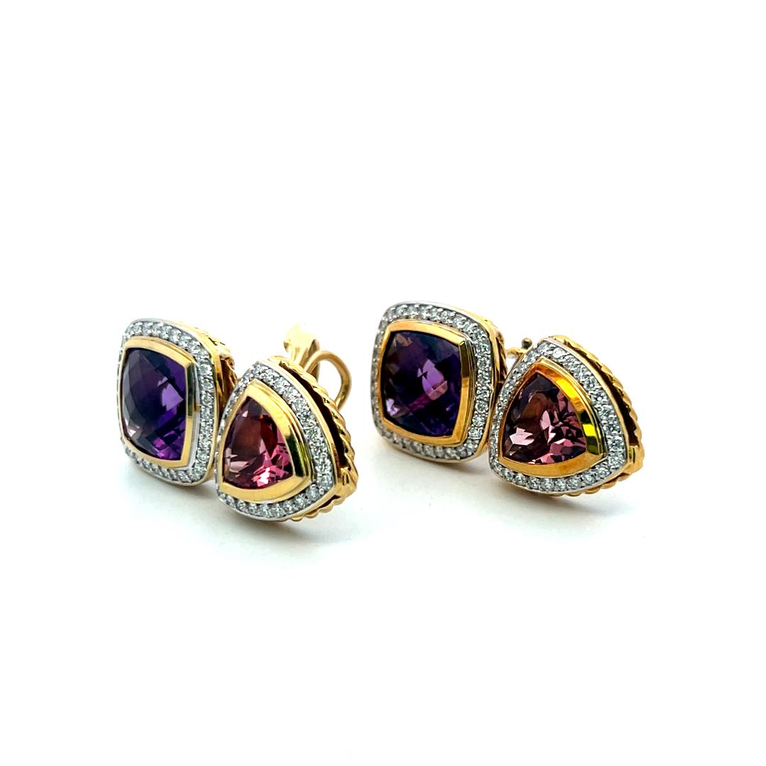 David Yurman 18K YG Drop Earrings 1.2ct Diamond 16.5ct Amethyst 4.3ct Tourmaline
