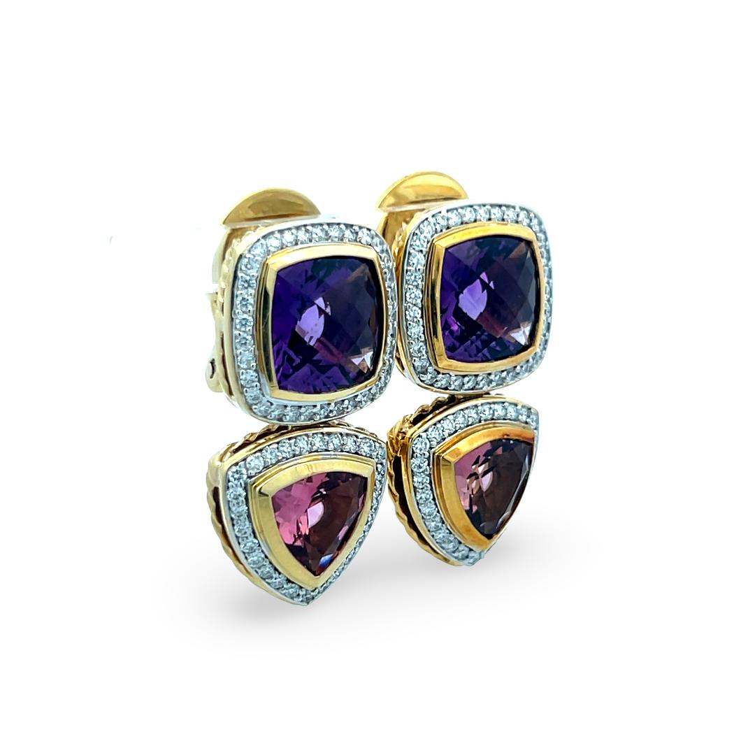 David Yurman 18K YG Drop Earrings 1.2ct Diamond 16.5ct Amethyst 4.3ct Tourmaline