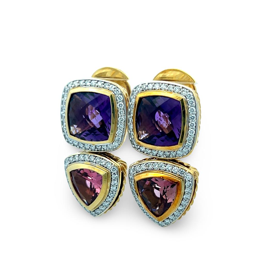David Yurman 18K YG Drop Earrings 1.2ct Diamond 16.5ct Amethyst 4.3ct Tourmaline