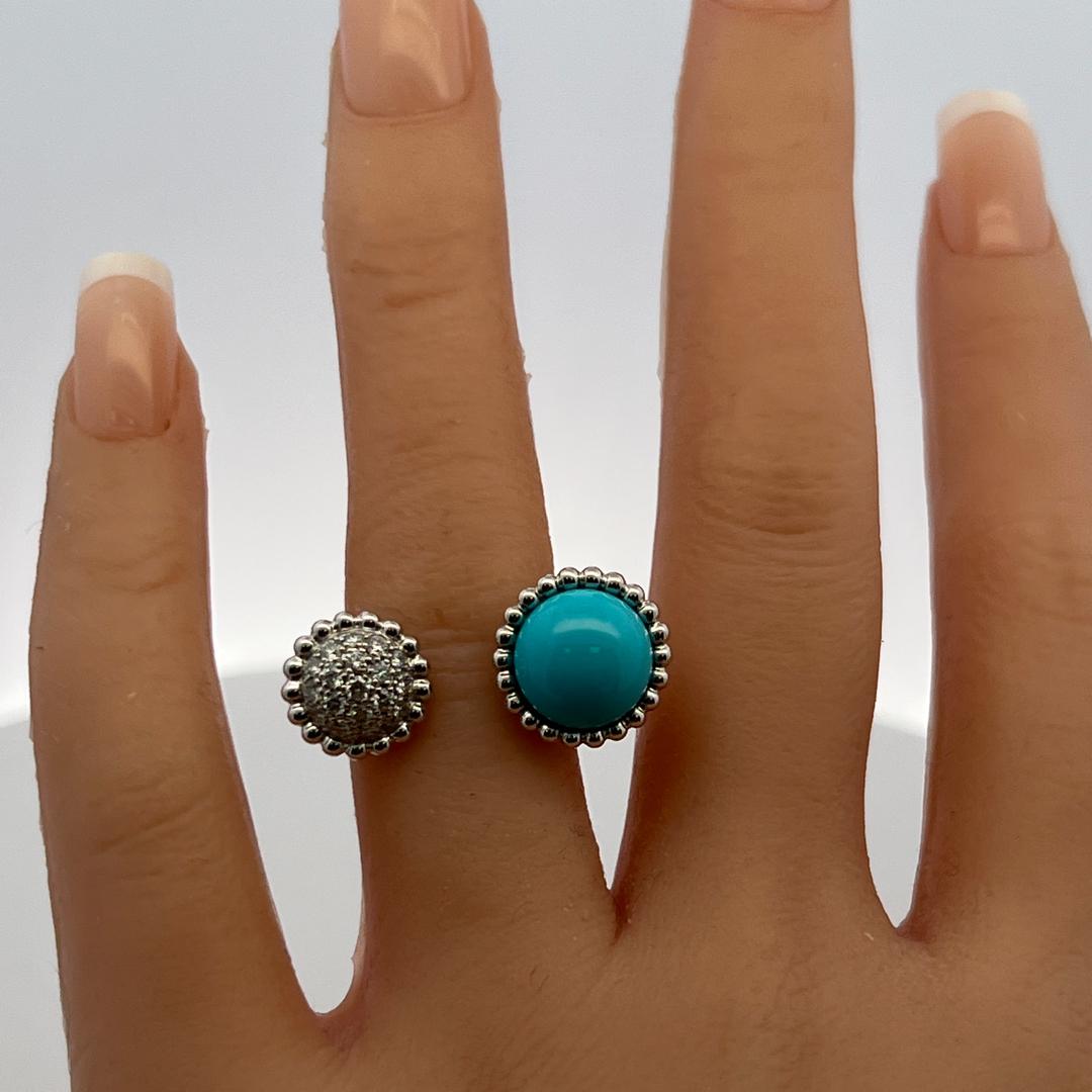 Van Cleef & Arpels 18K WG Cocktail Ring 0.35ct Round Diamond Turquoise Size 5.75