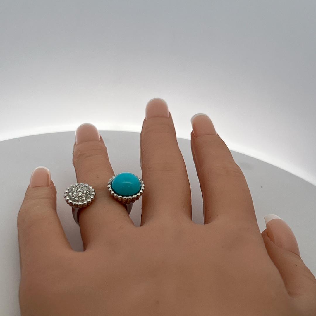 Van Cleef & Arpels 18K WG Cocktail Ring 0.35ct Round Diamond Turquoise Size 5.75