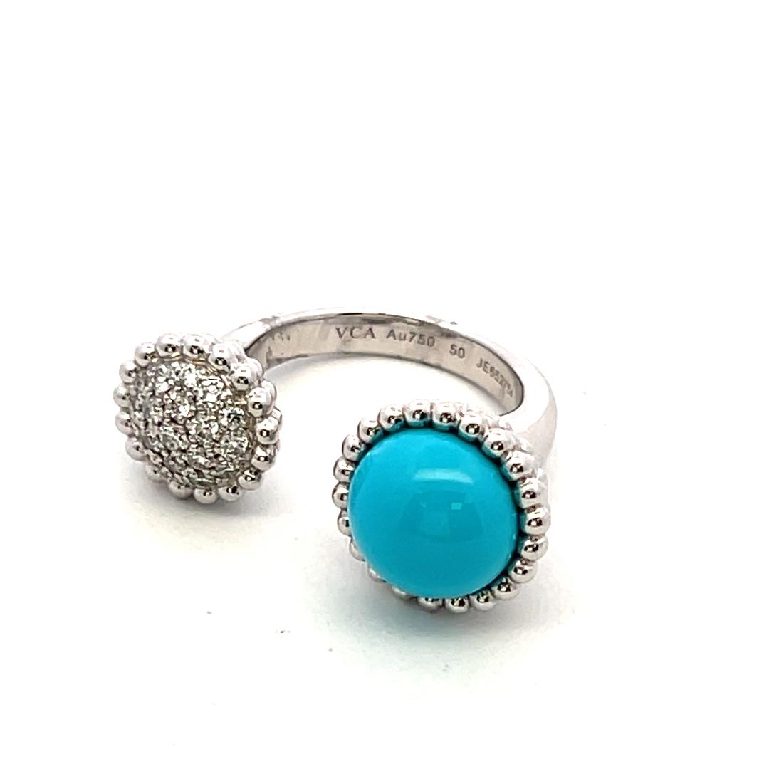 Van Cleef & Arpels 18K WG Cocktail Ring 0.35ct Round Diamond Turquoise Size 5.75