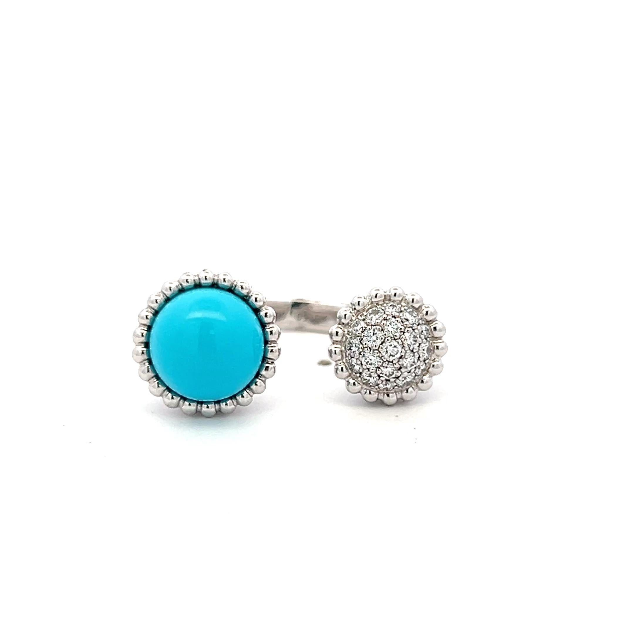 Van Cleef & Arpels 18K WG Cocktail Ring 0.35ct Round Diamond Turquoise Size 5.75
