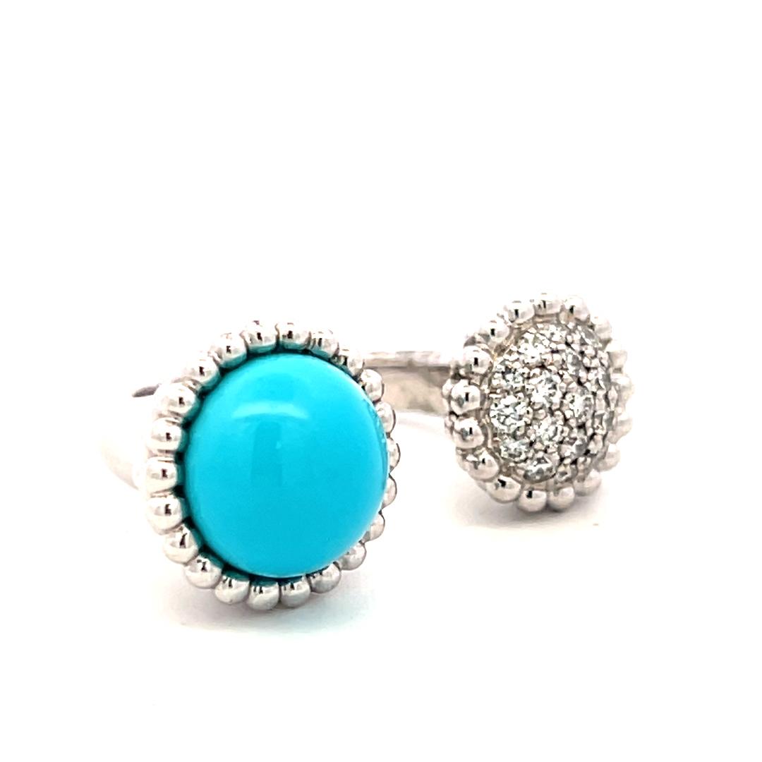 Van Cleef & Arpels 18K WG Cocktail Ring 0.35ct Round Diamond Turquoise Size 5.75