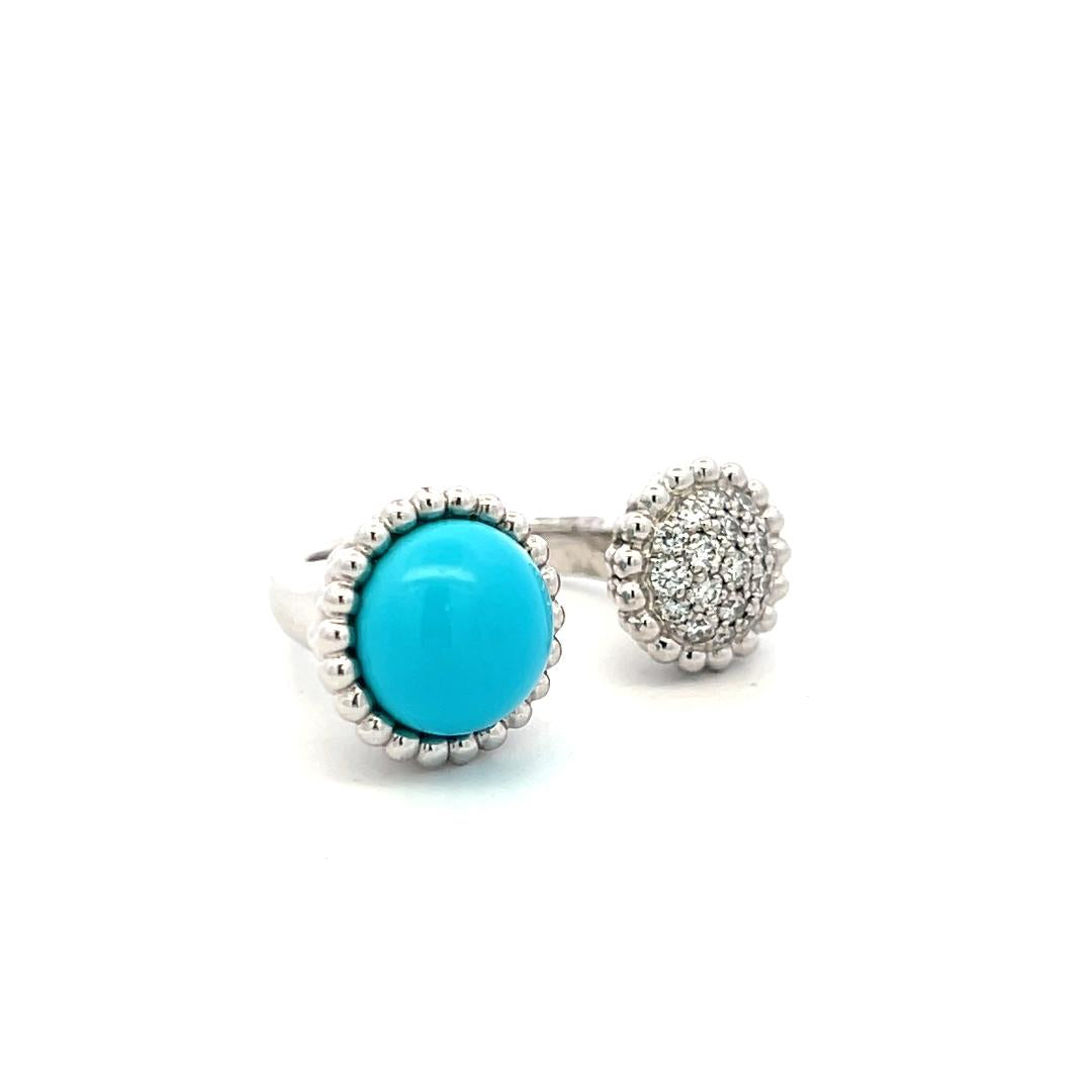Van Cleef & Arpels 18K WG Cocktail Ring 0.35ct Round Diamond Turquoise Size 5.75