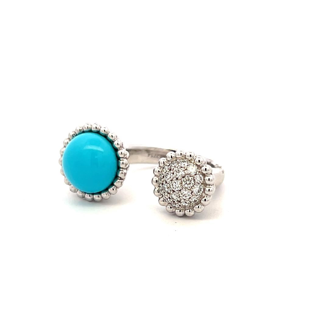 Van Cleef & Arpels 18K WG Cocktail Ring 0.35ct Round Diamond Turquoise Size 5.75