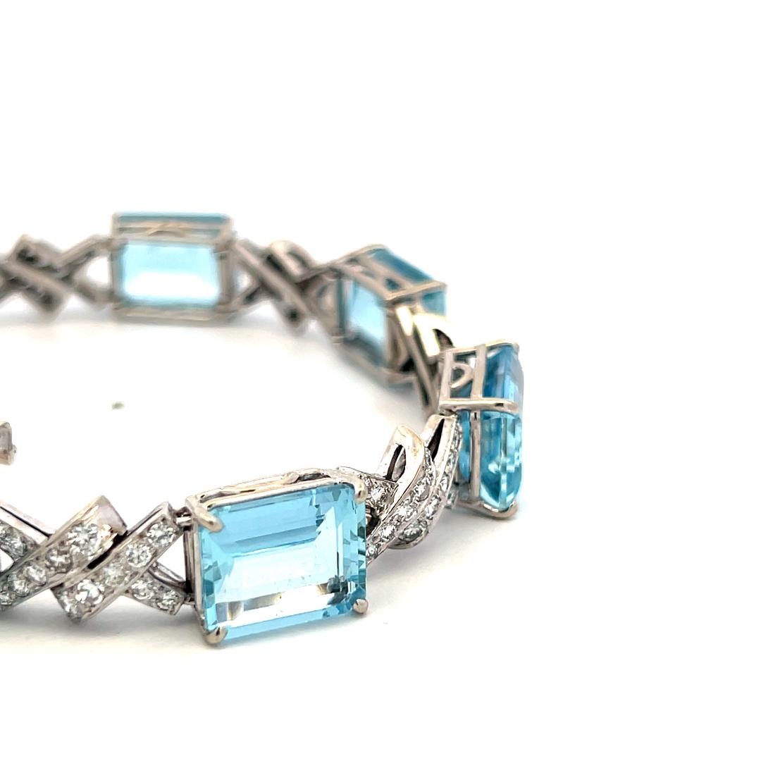 Vintage 14K White Gold Link Bracelet 3.5ct Old European Diamonds & Aquamarine