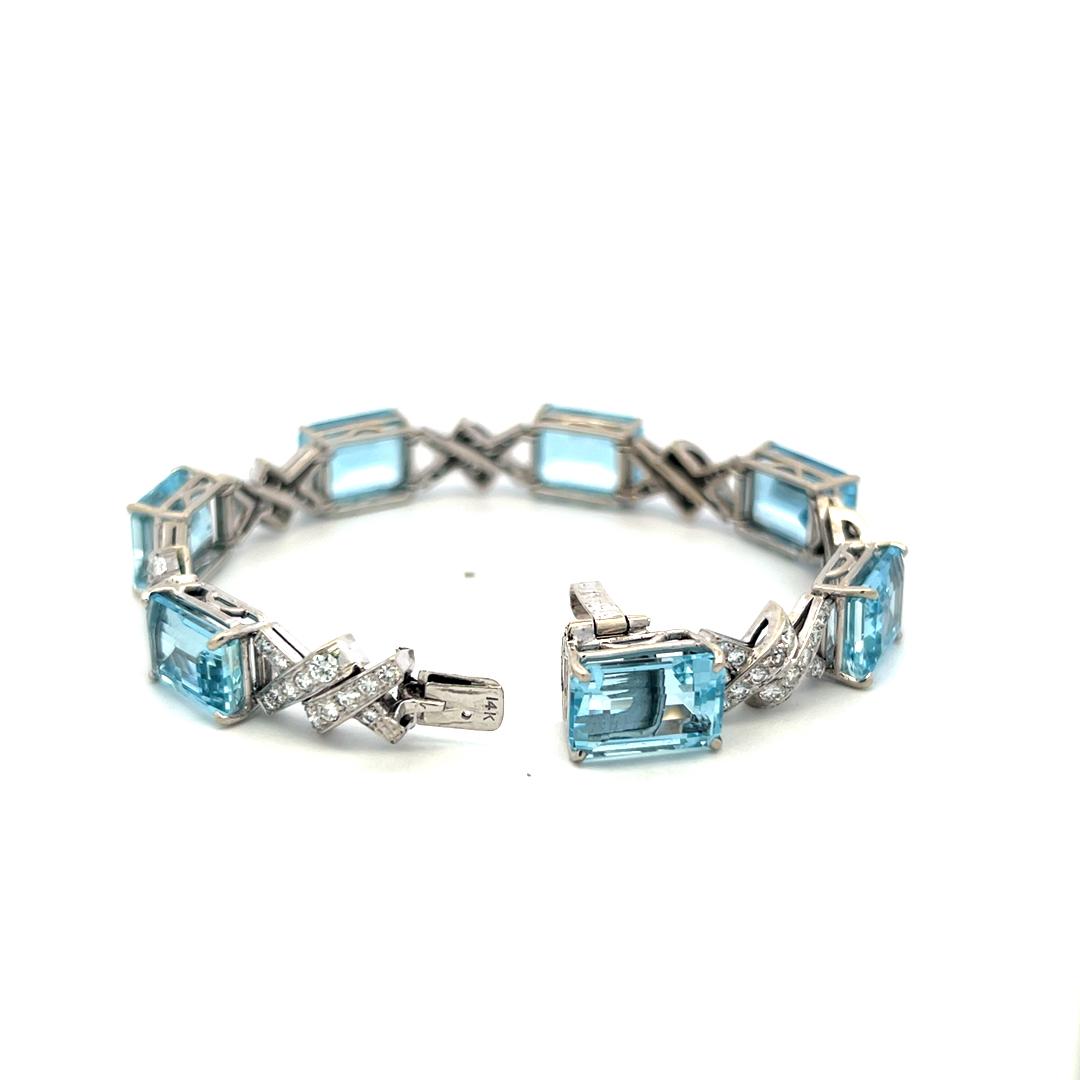 Vintage 14K White Gold Link Bracelet 3.5ct Old European Diamonds & Aquamarine