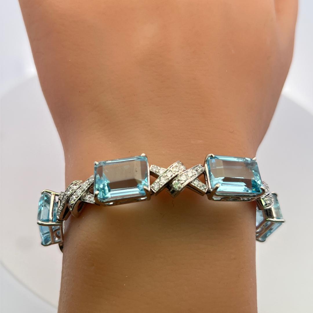 Vintage 14K White Gold Link Bracelet 3.5ct Old European Diamonds & Aquamarine
