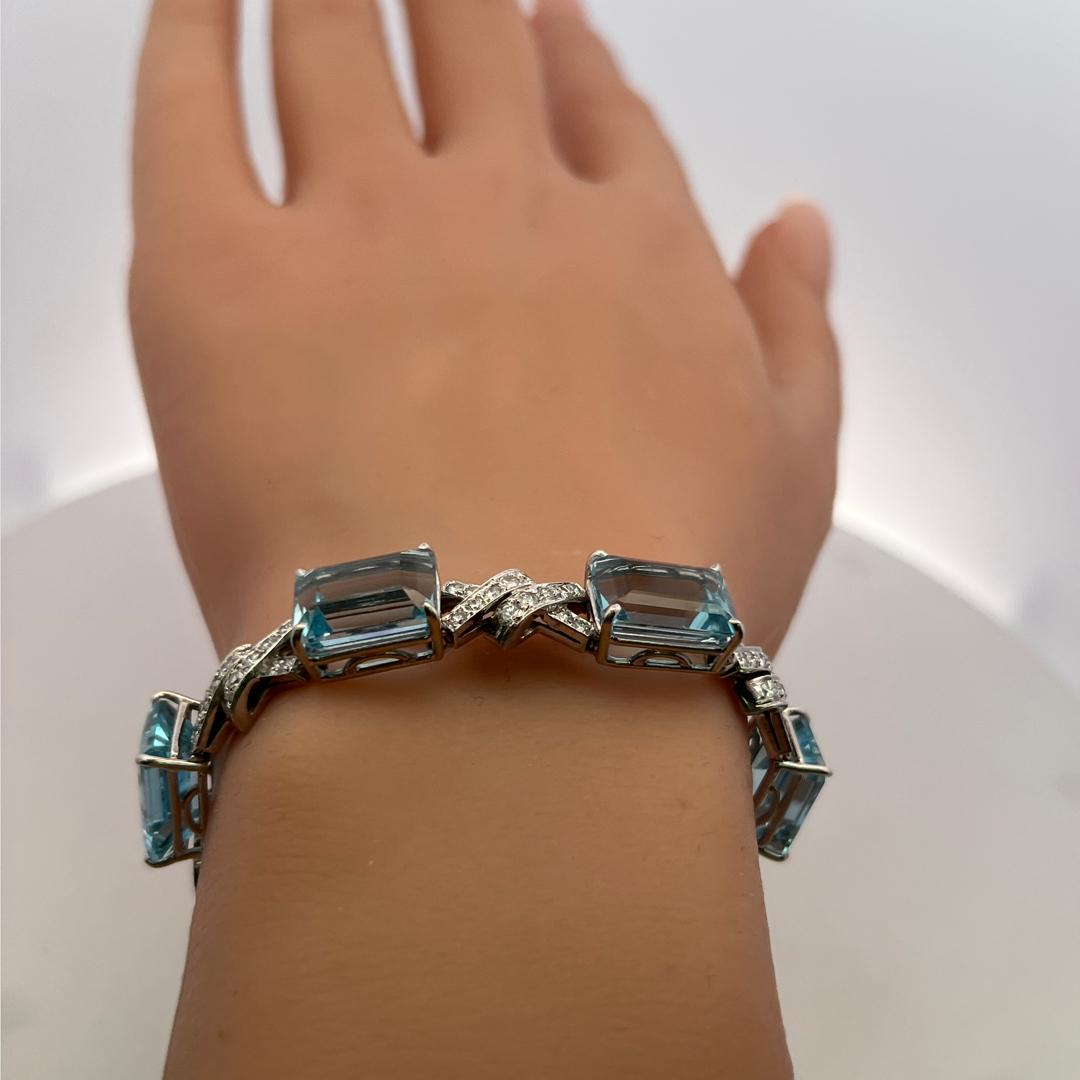 Vintage 14K White Gold Link Bracelet 3.5ct Old European Diamonds & Aquamarine