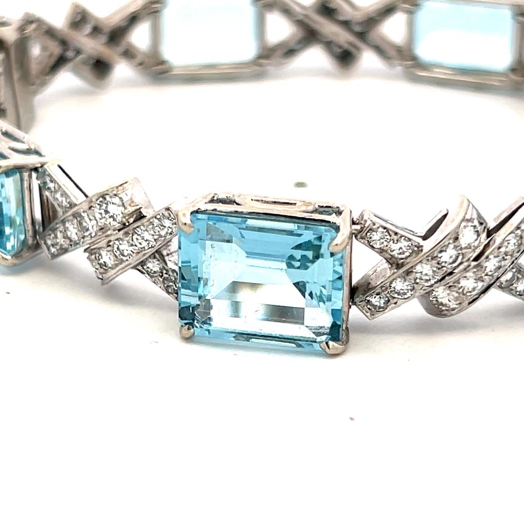Vintage 14K White Gold Link Bracelet 3.5ct Old European Diamonds & Aquamarine