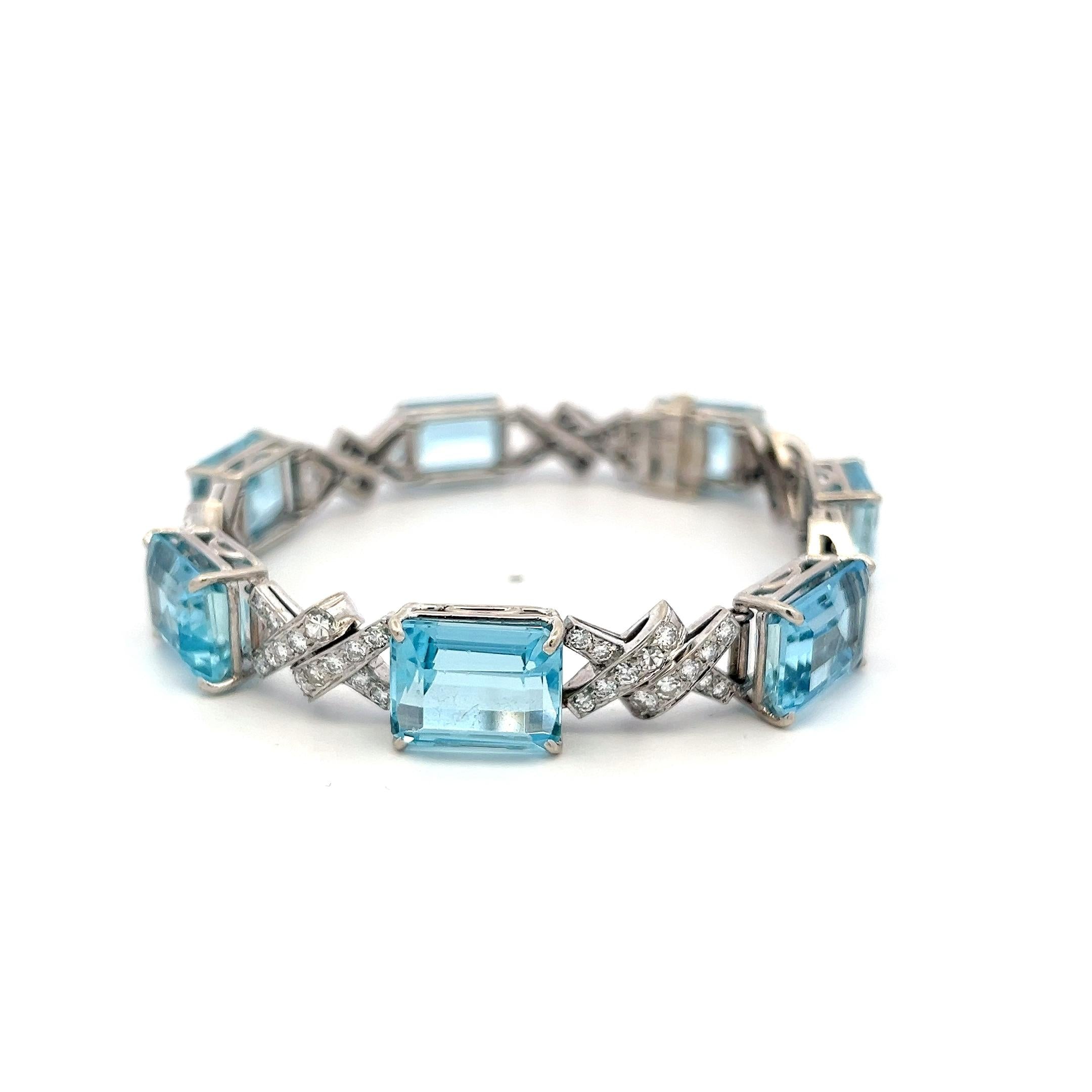 Vintage 14K White Gold Link Bracelet 3.5ct Old European Diamonds & Aquamarine