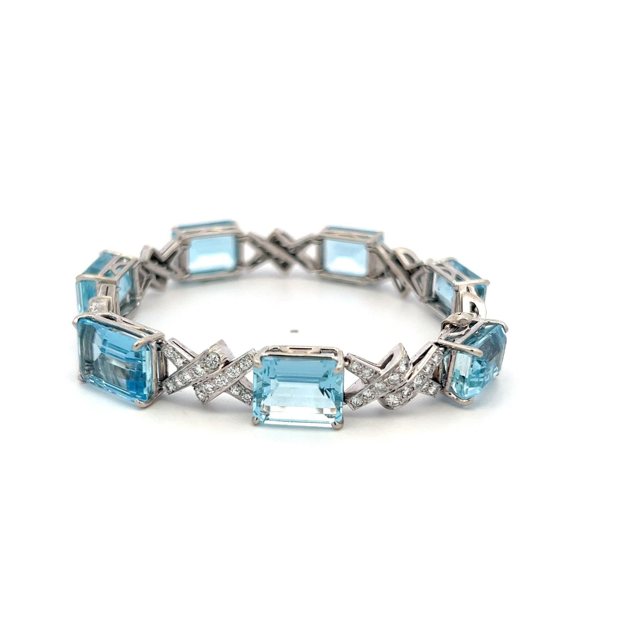 Vintage 14K White Gold Link Bracelet 3.5ct Old European Diamonds & Aquamarine