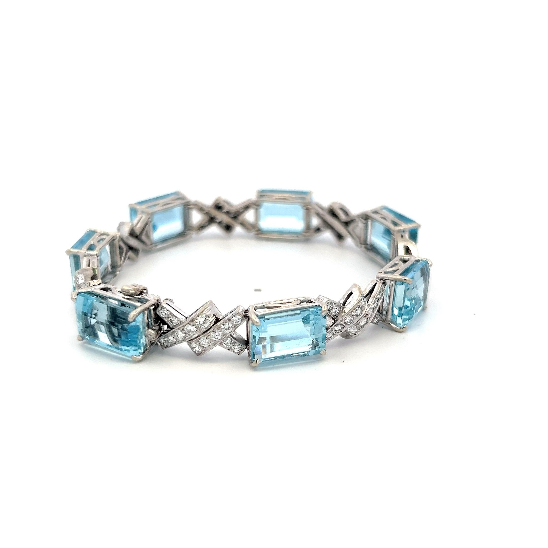 Vintage 14K White Gold Link Bracelet 3.5ct Old European Diamonds & Aquamarine