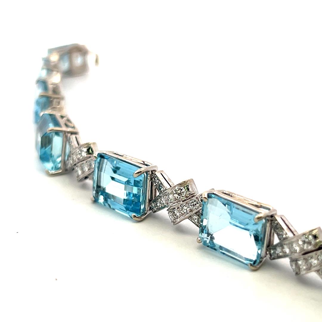 Vintage 14K White Gold Link Bracelet 3.5ct Old European Diamonds & Aquamarine