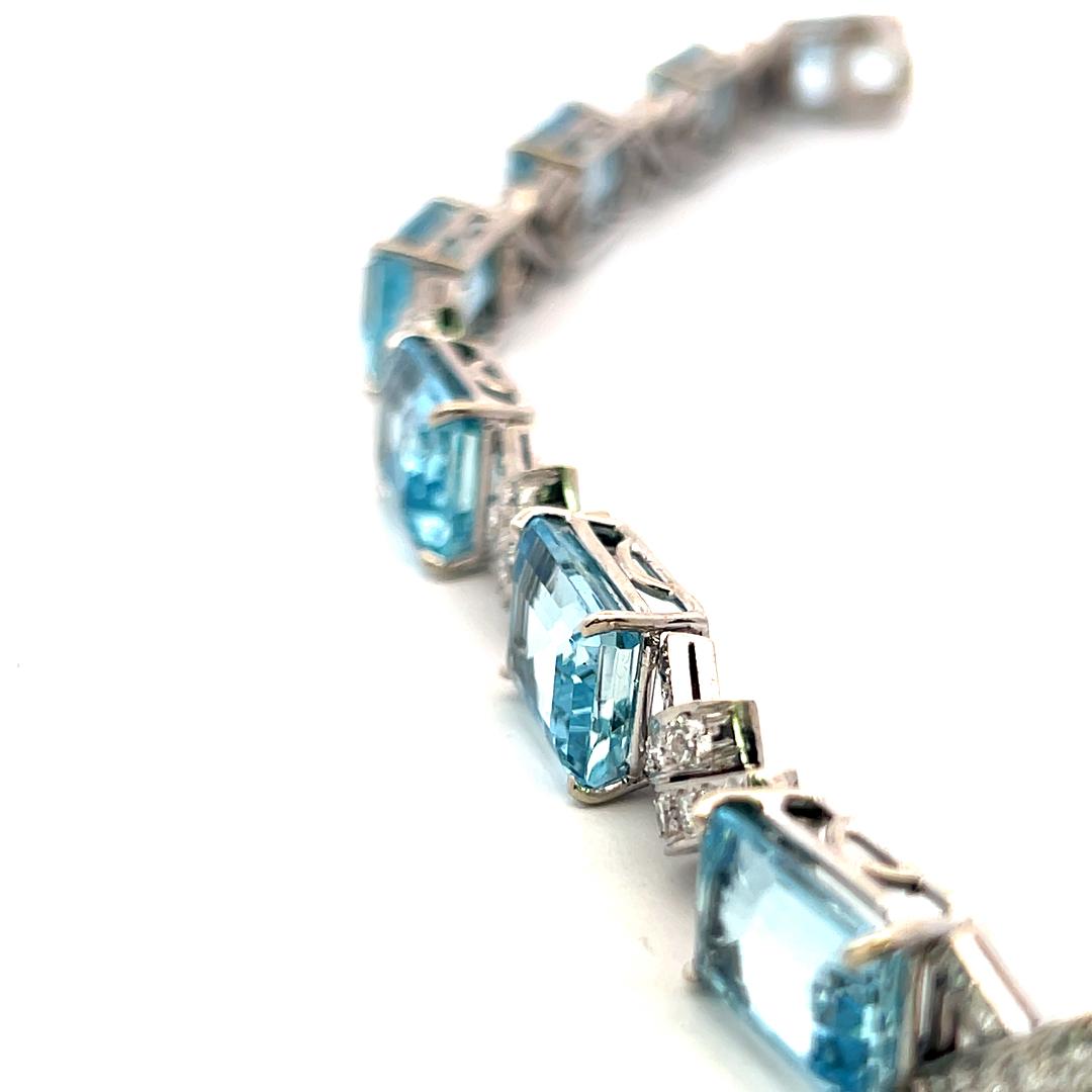 Vintage 14K White Gold Link Bracelet 3.5ct Old European Diamonds & Aquamarine