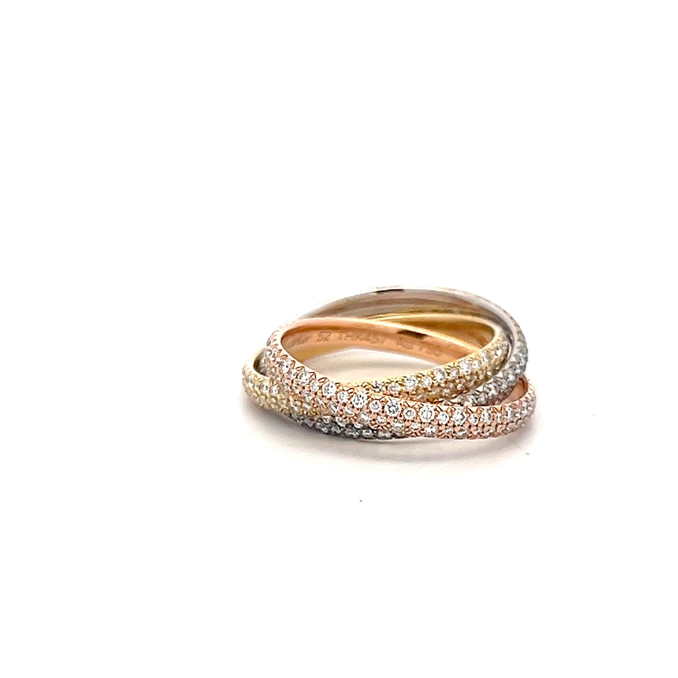 Cartier 18K Tri Color Gold Trinity Ring with 1.38 Carat Round F VS Diamonds