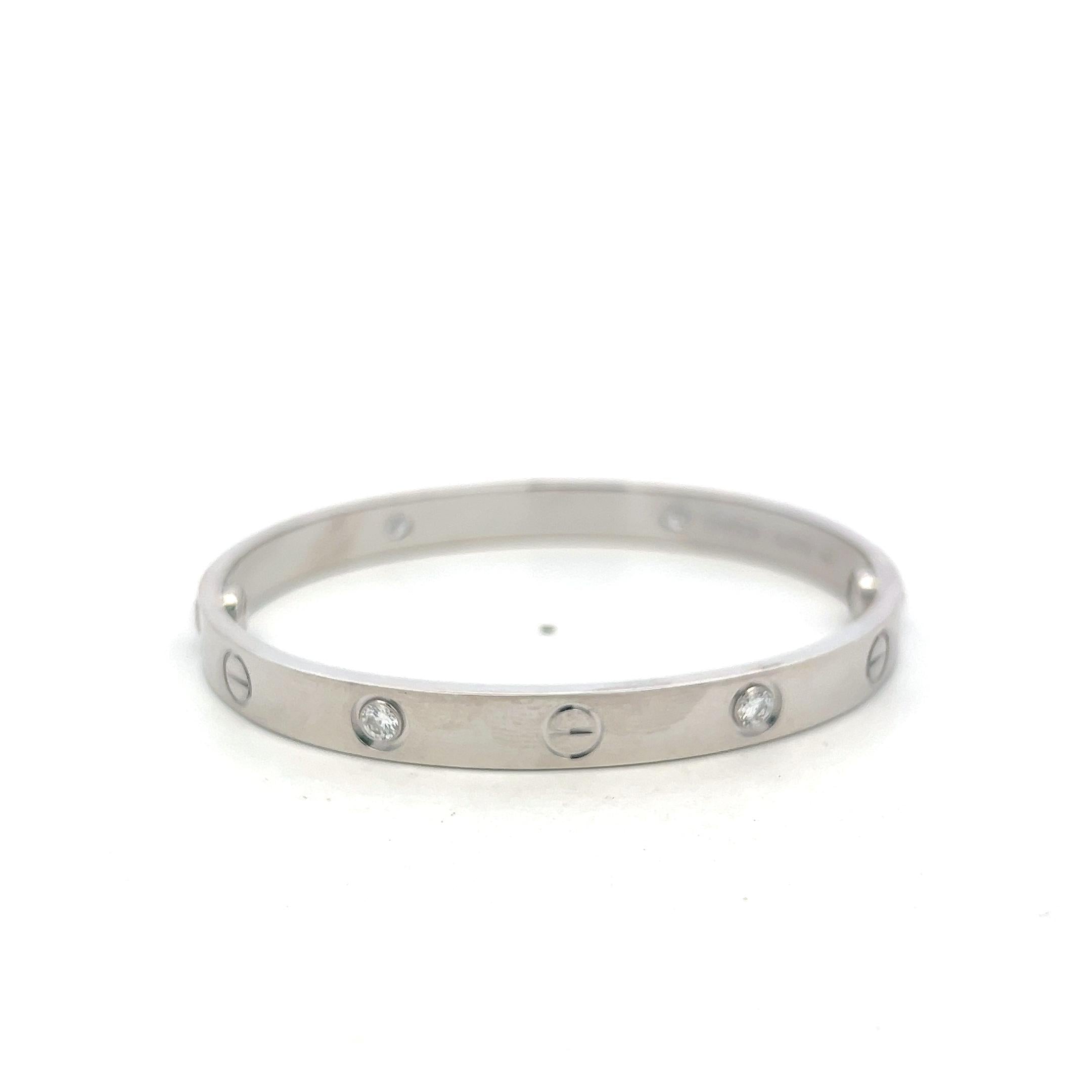 Cartier 18K White Gold Love Bracelet with 0.42ct Round F VS Diamonds Size 16