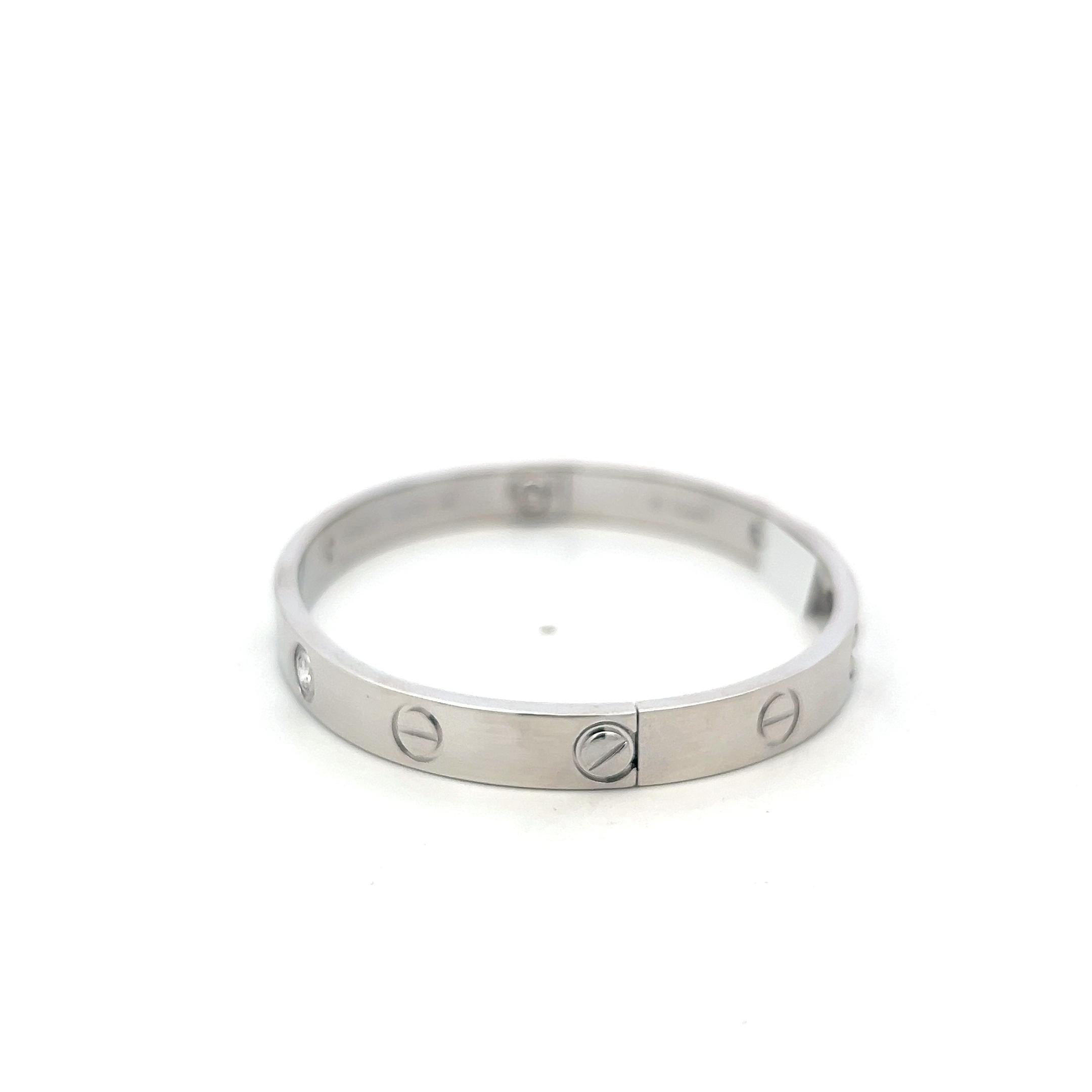 Cartier 18K White Gold Love Bracelet with 0.42ct Round F VS Diamonds Size 16