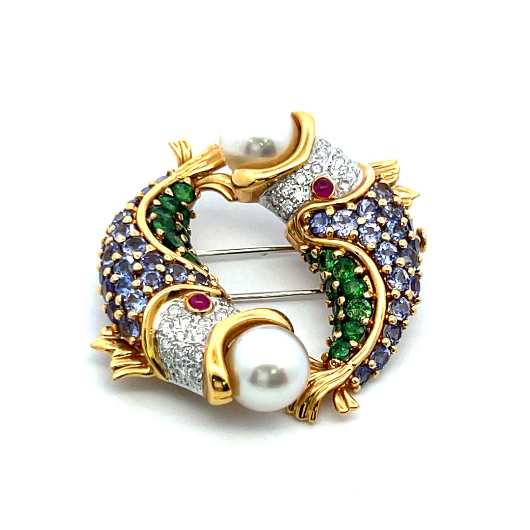 18K Yellow Gold Pin Brooch with 0.5ct  Diamond Round F VS Diamonds & Multigems