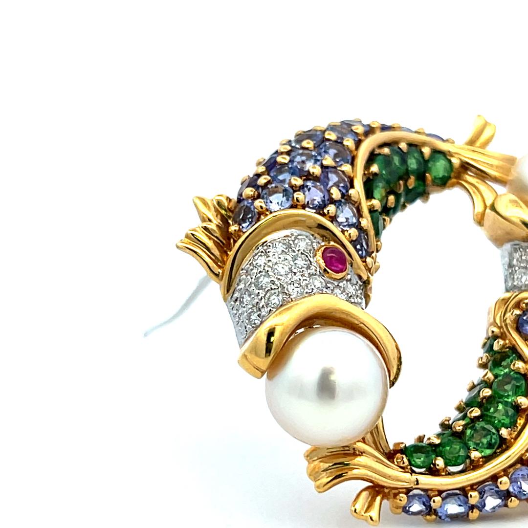 18K Yellow Gold Pin Brooch with 0.5ct  Diamond Round F VS Diamonds & Multigems