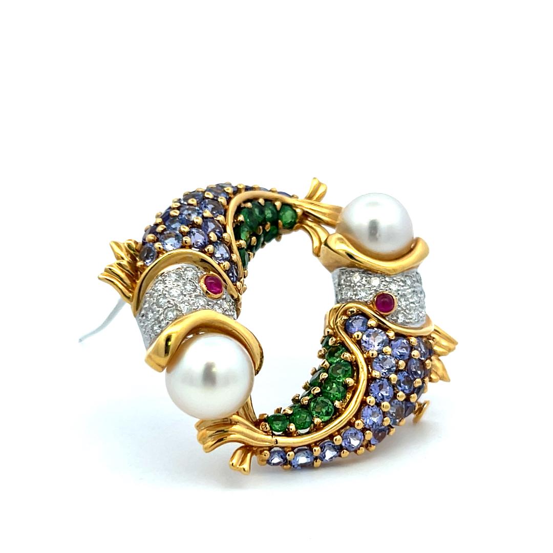 18K Yellow Gold Pin Brooch with 0.5ct  Diamond Round F VS Diamonds & Multigems