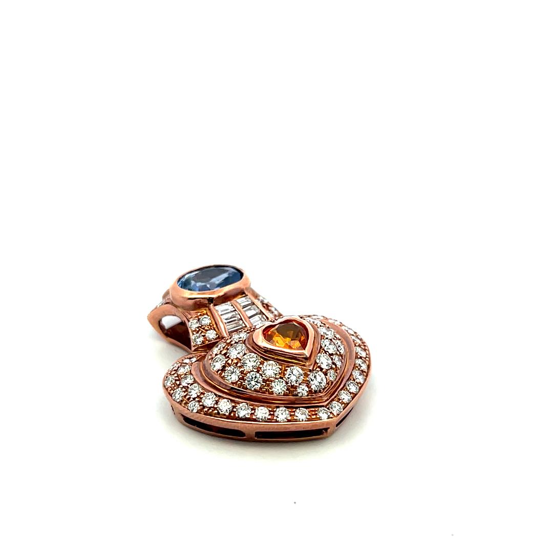 18K Rose Gold Heart Pin Brooch with 4.18 Carat Diamonds and Multi-Gemstones