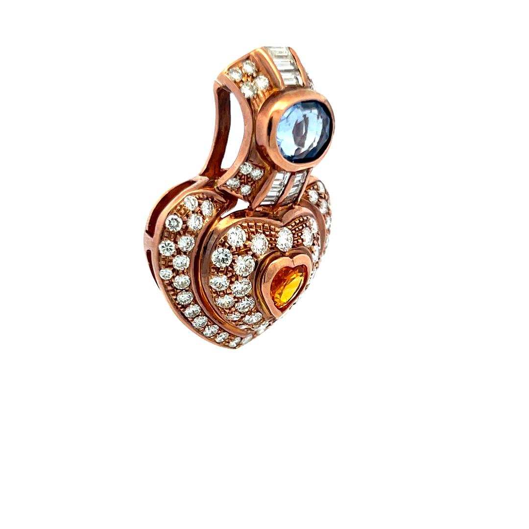 18K Rose Gold Heart Pin Brooch with 4.18 Carat Diamonds and Multi-Gemstones