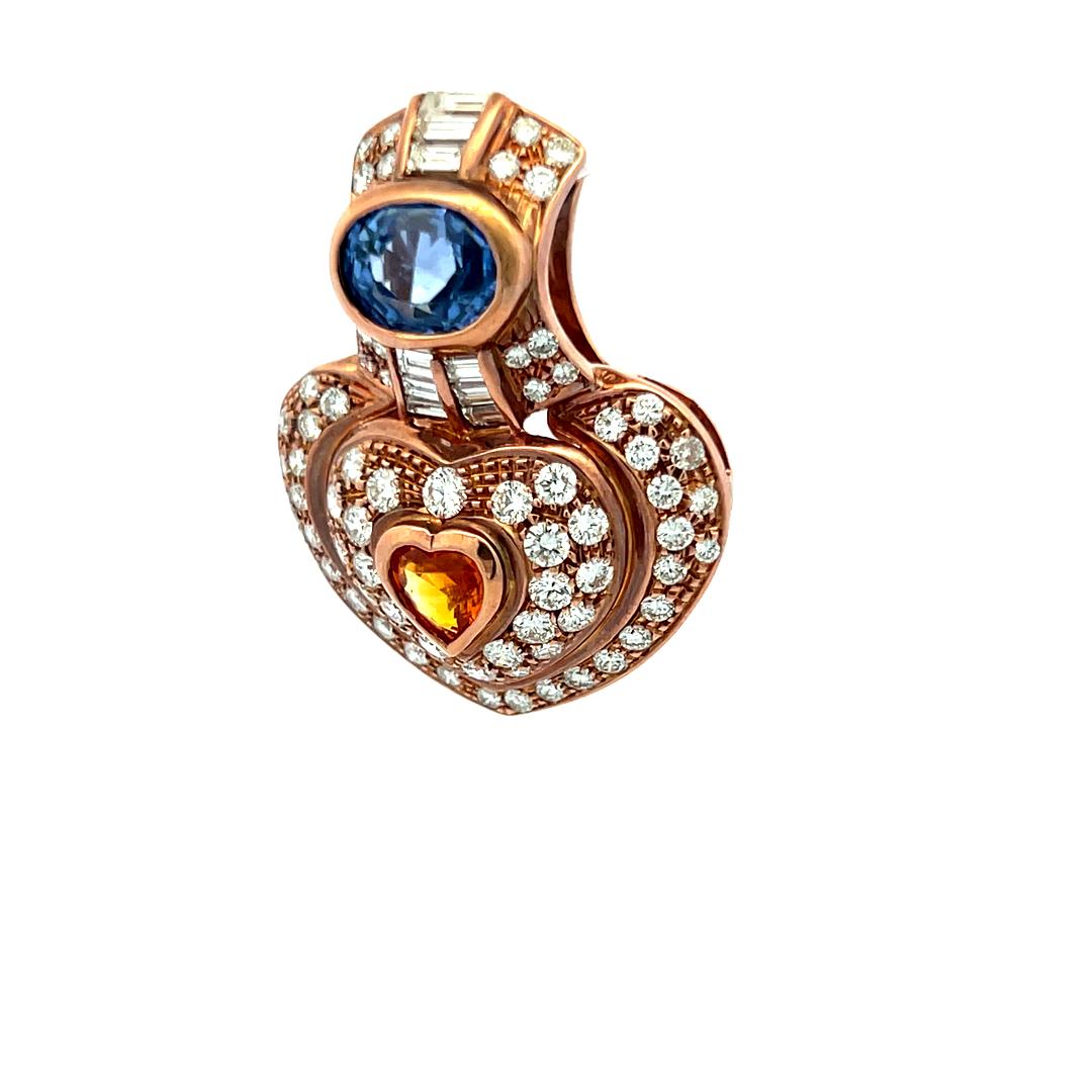 18K Rose Gold Heart Pin Brooch with 4.18 Carat Diamonds and Multi-Gemstones