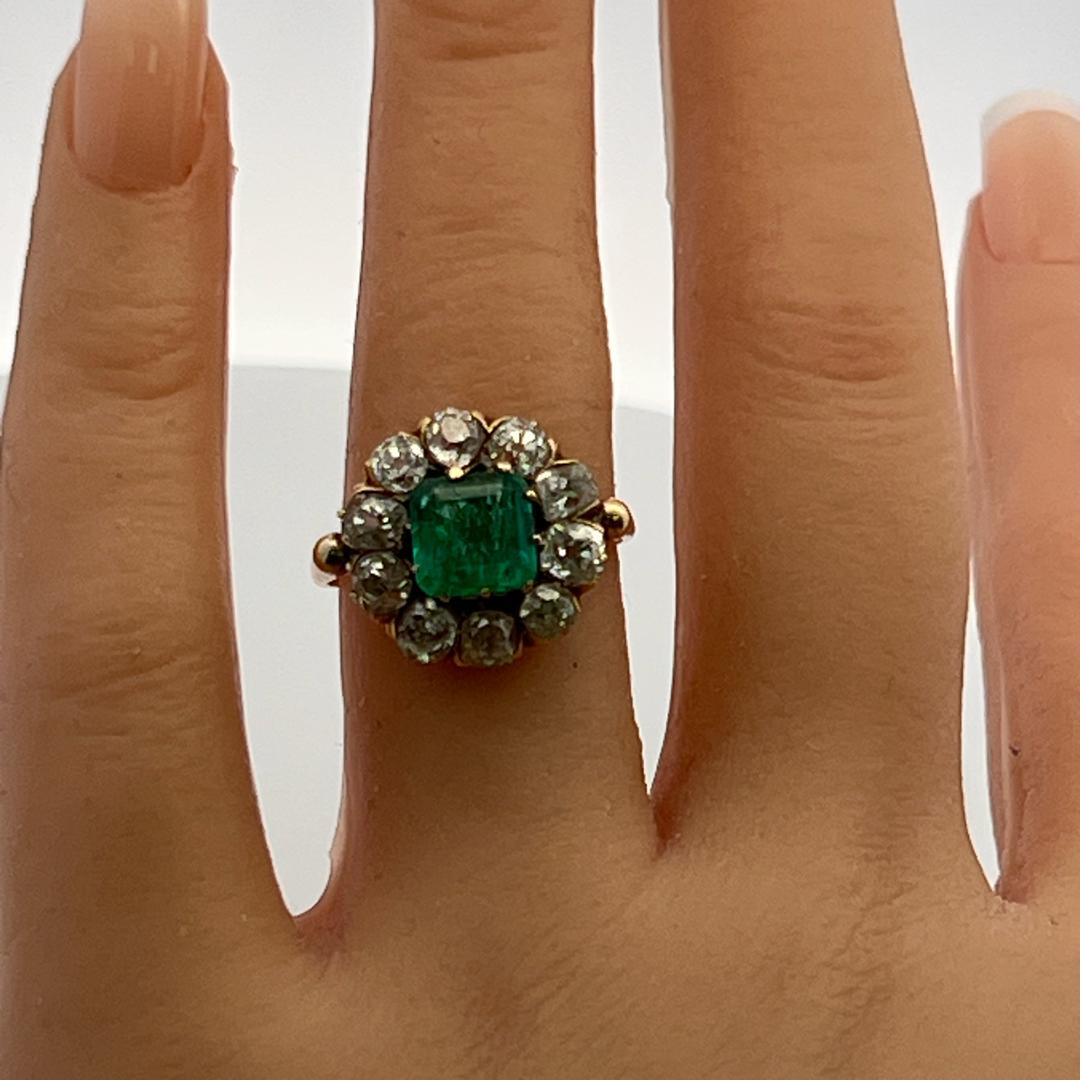 Vintage 10K YG  Edwardian Ring with 1.5 Carat Diamonds H-SI and 2 Carat Emerald