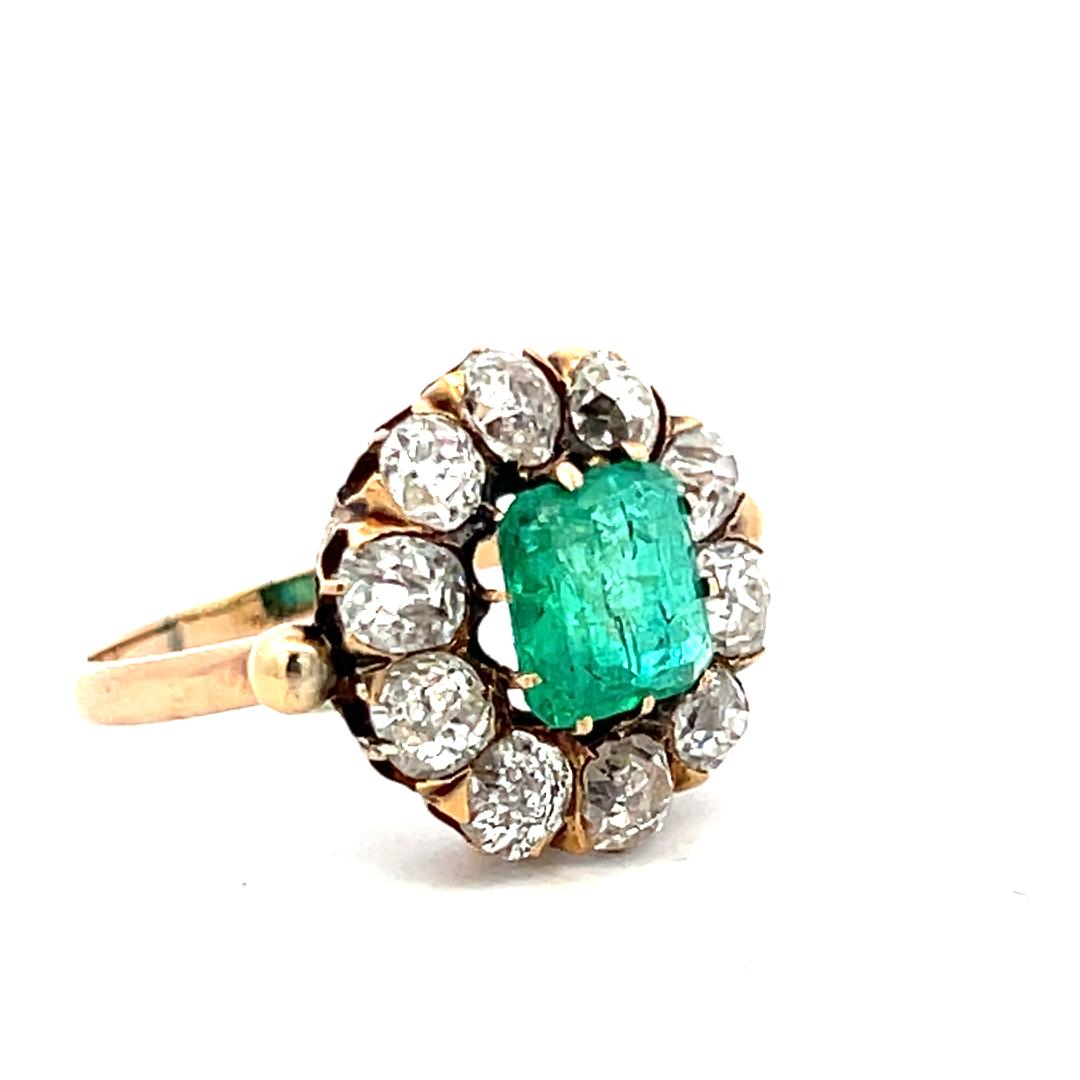 Vintage 10K YG  Edwardian Ring with 1.5 Carat Diamonds H-SI and 2 Carat Emerald