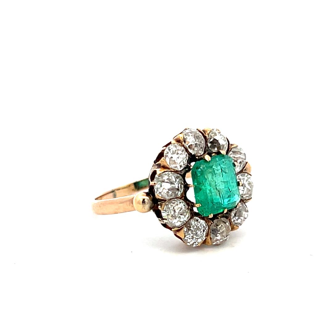 Vintage 10K YG  Edwardian Ring with 1.5 Carat Diamonds H-SI and 2 Carat Emerald
