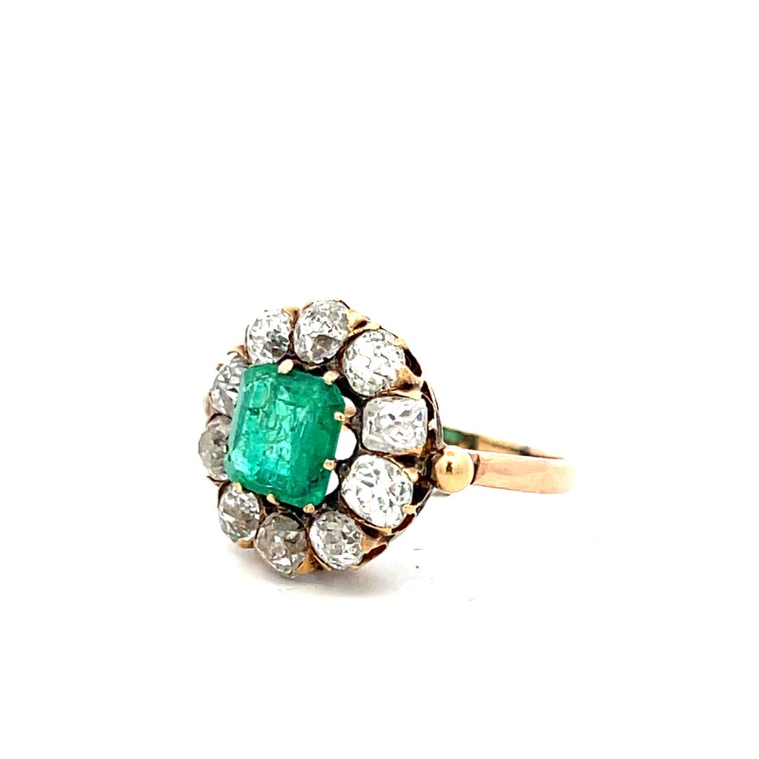 Vintage 10K YG  Edwardian Ring with 1.5 Carat Diamonds H-SI and 2 Carat Emerald