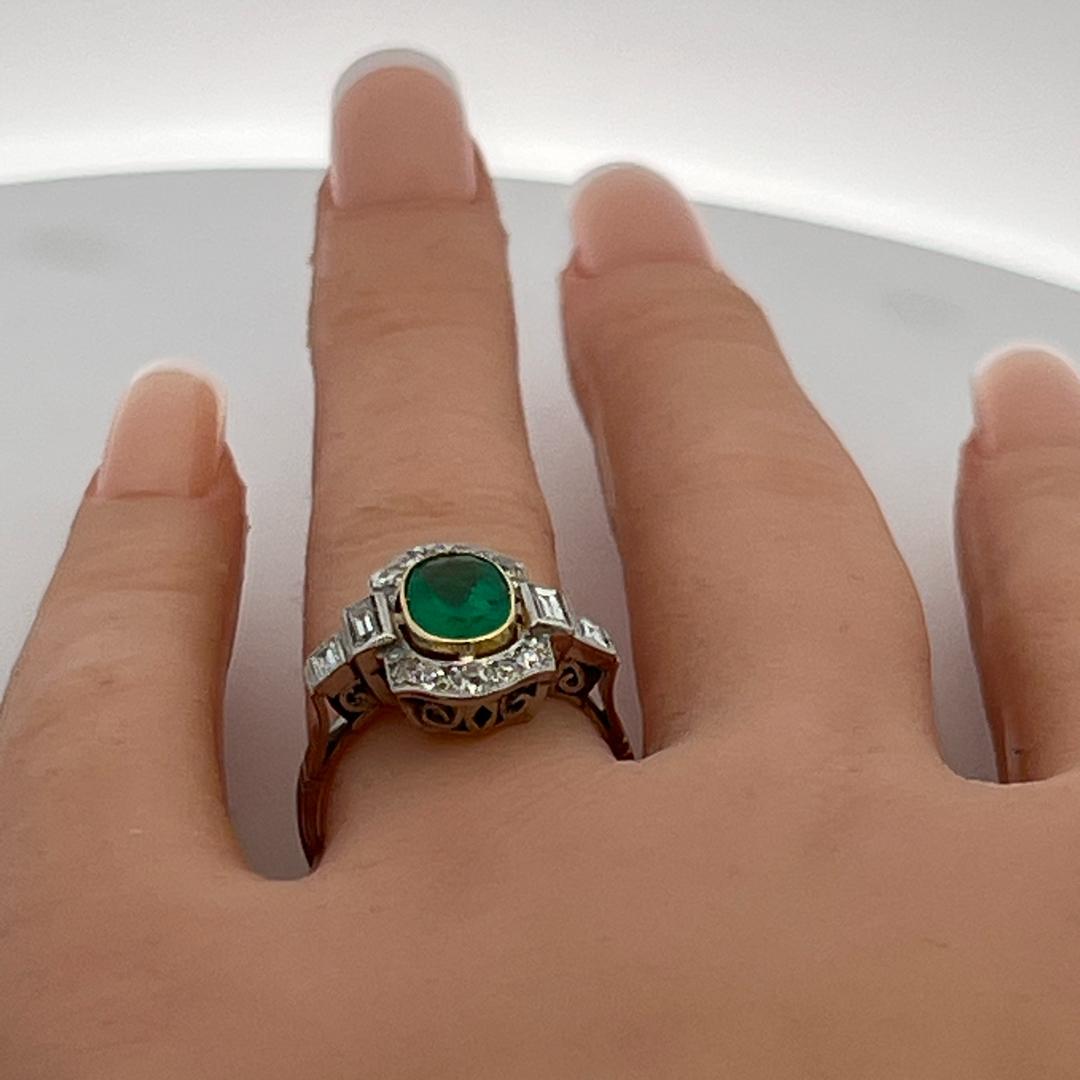 18K Gold Platinum Art Deco Ring 0.72ct H SI Diamonds & 6.5x9.5mm Emerald Size 8