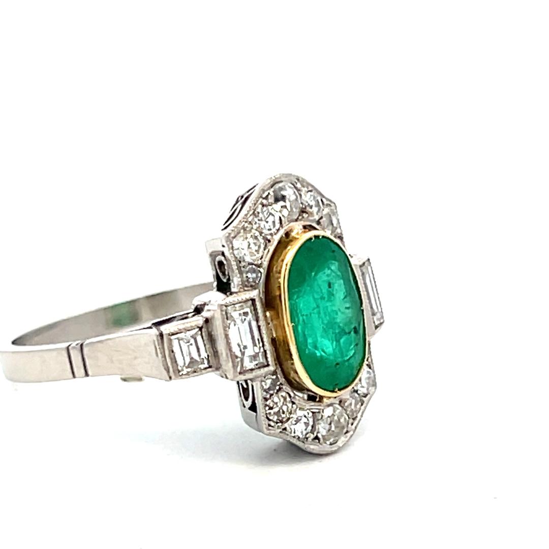 18K Gold Platinum Art Deco Ring 0.72ct H SI Diamonds & 6.5x9.5mm Emerald Size 8
